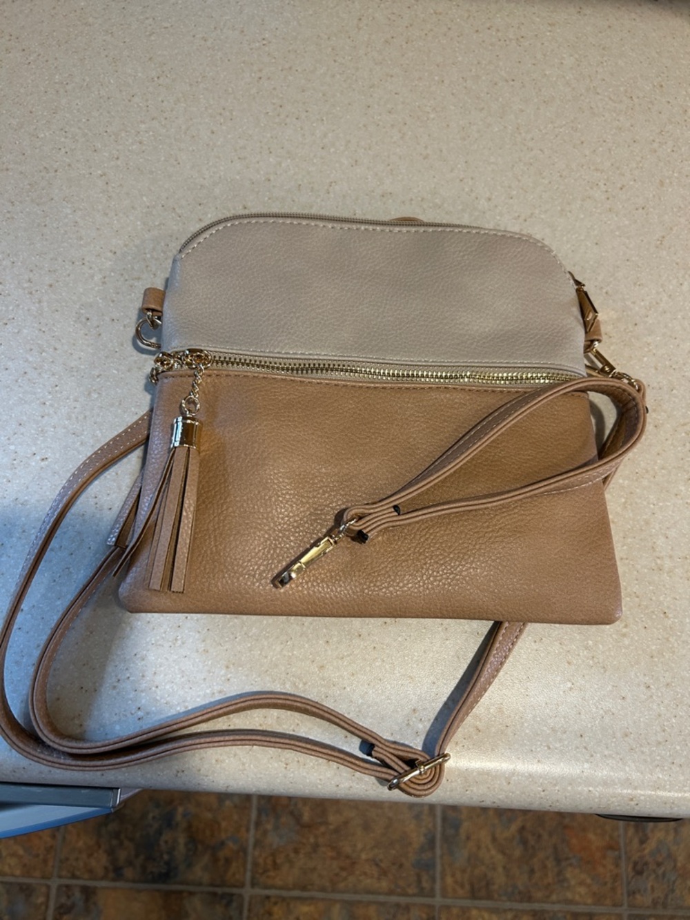 Neutral Two-Tone Taupe & Beige Crossbody Bag with Tassel